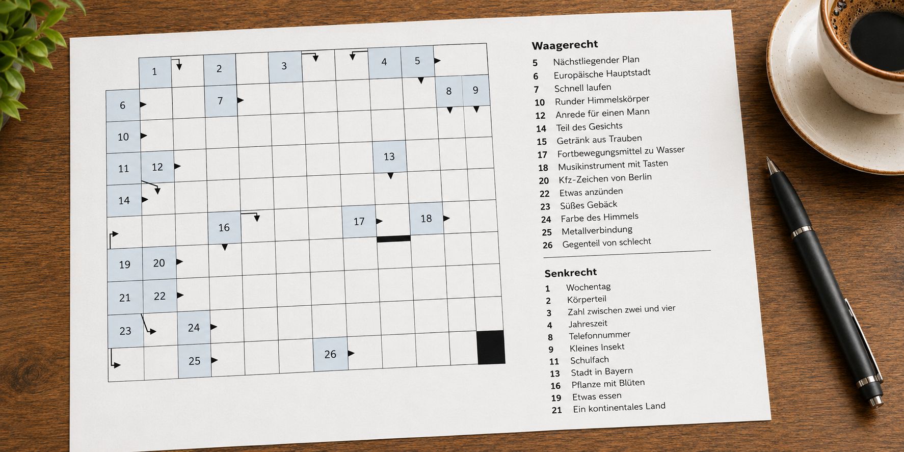Klassisches Kreuzworträtsel mit nummerierten Feldern und Hinweisen