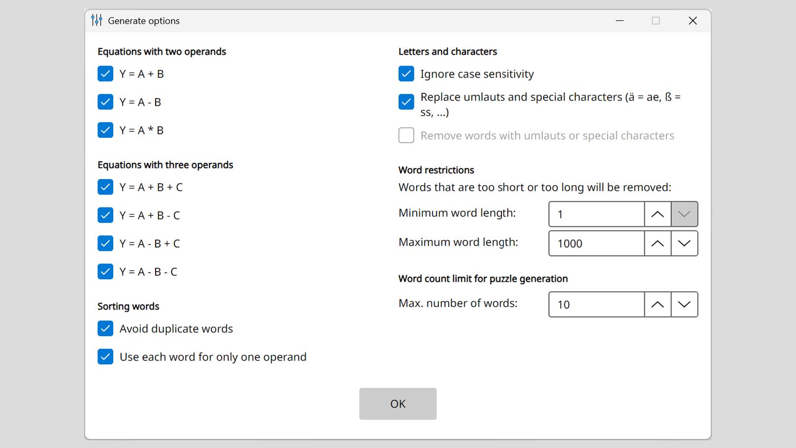 Generate options dialog for alphametic puzzles in Puzzle-Generator with equation types, word sorting, letters and characters options, word length restrictions and word count limit