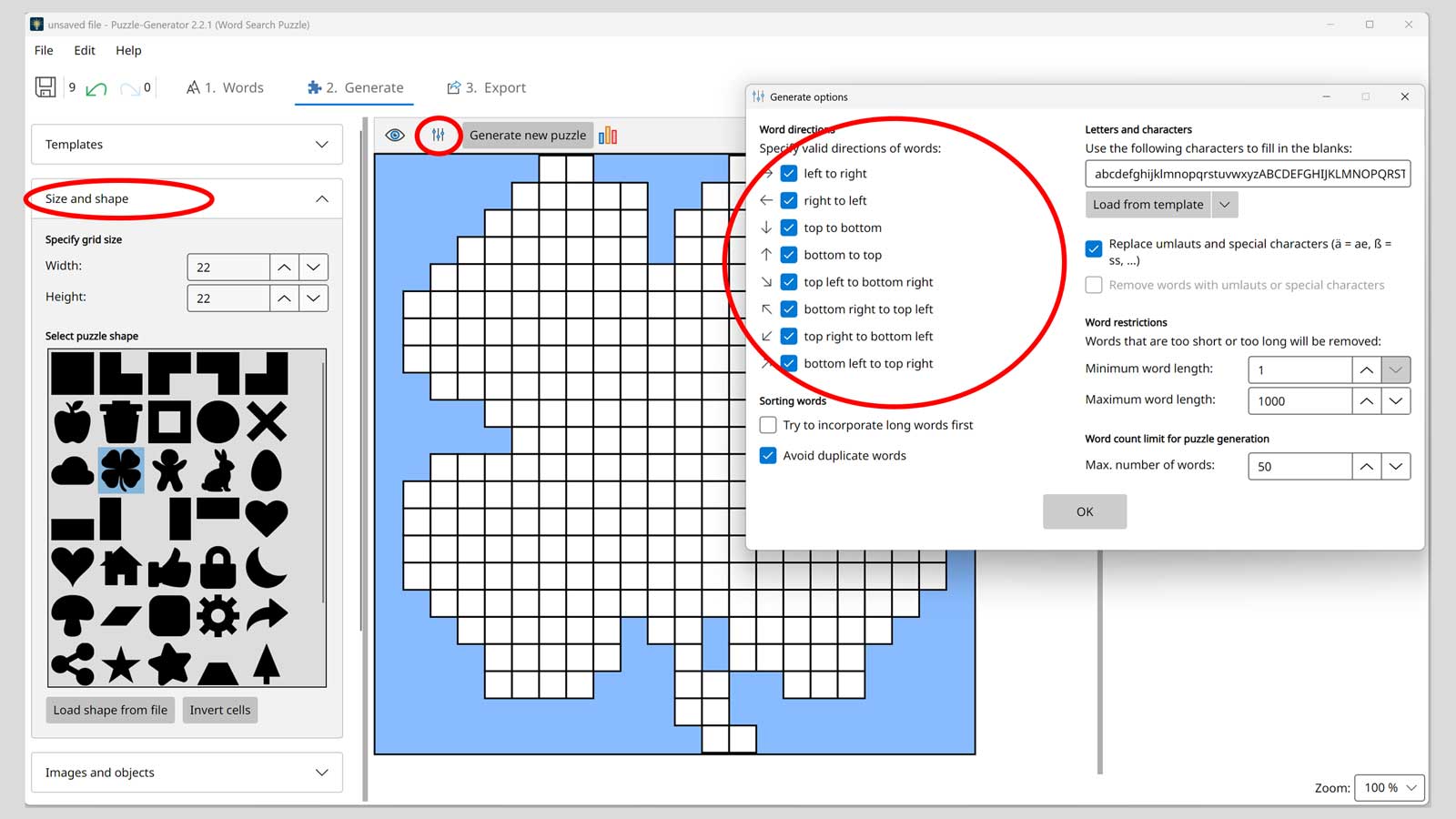 Settings for grid size and word directions in Puzzle-Generator