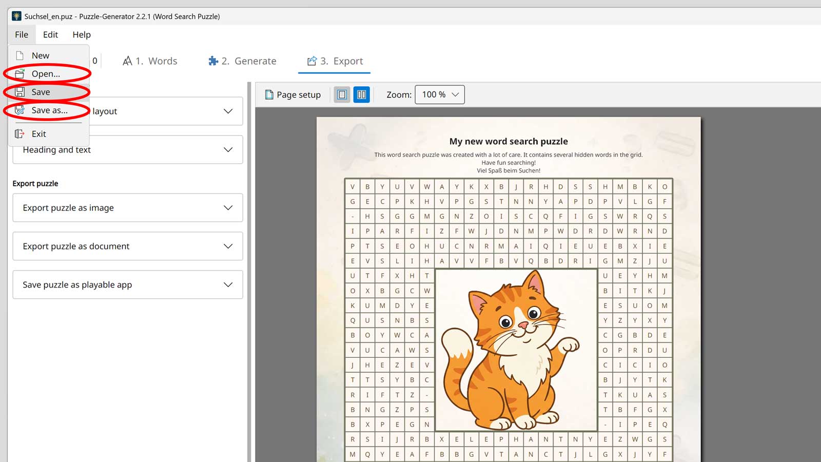 Save dialog and print preview with page format options (A4, A3, Letter)