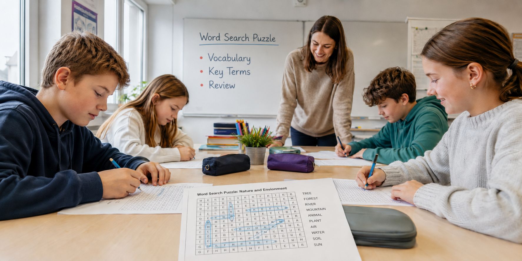 Word search puzzle as a worksheet for vocabulary and subject terms in the classroom